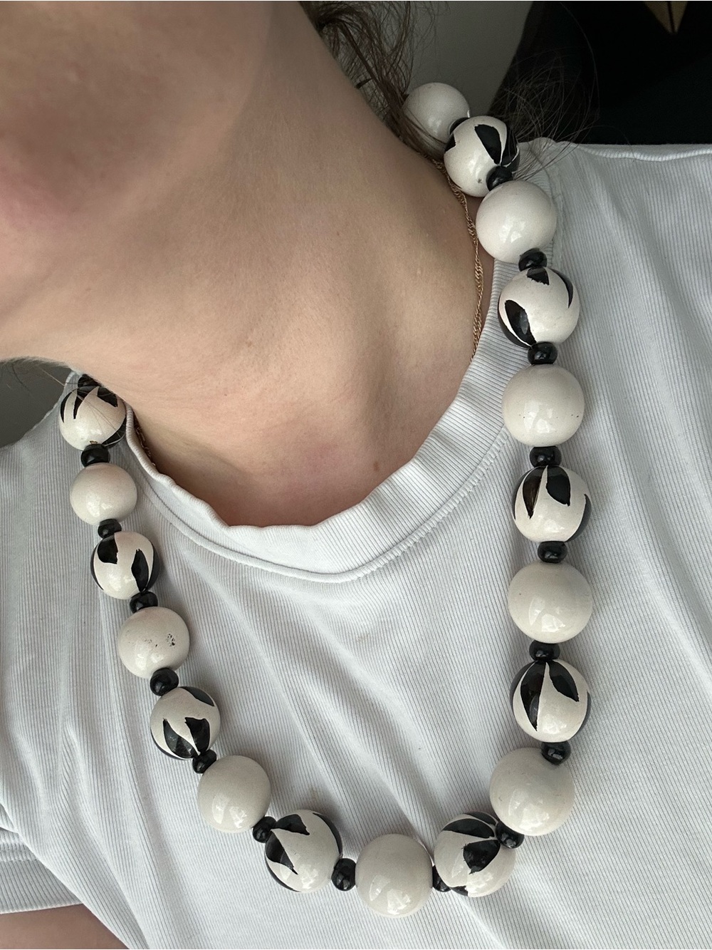 Black & White Painted Wooden Bead Necklace – 23”